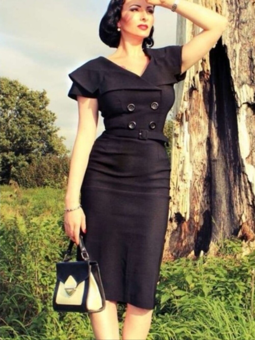 Bettie Page PinUp Secretary Retro Double Breasted Midi Dress Black Size XS